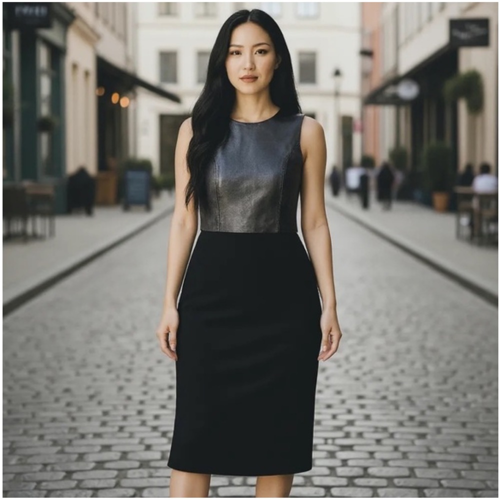 Michael Kors Ponte Black Sleeveless Sheath Faux Leather Dress sz 6